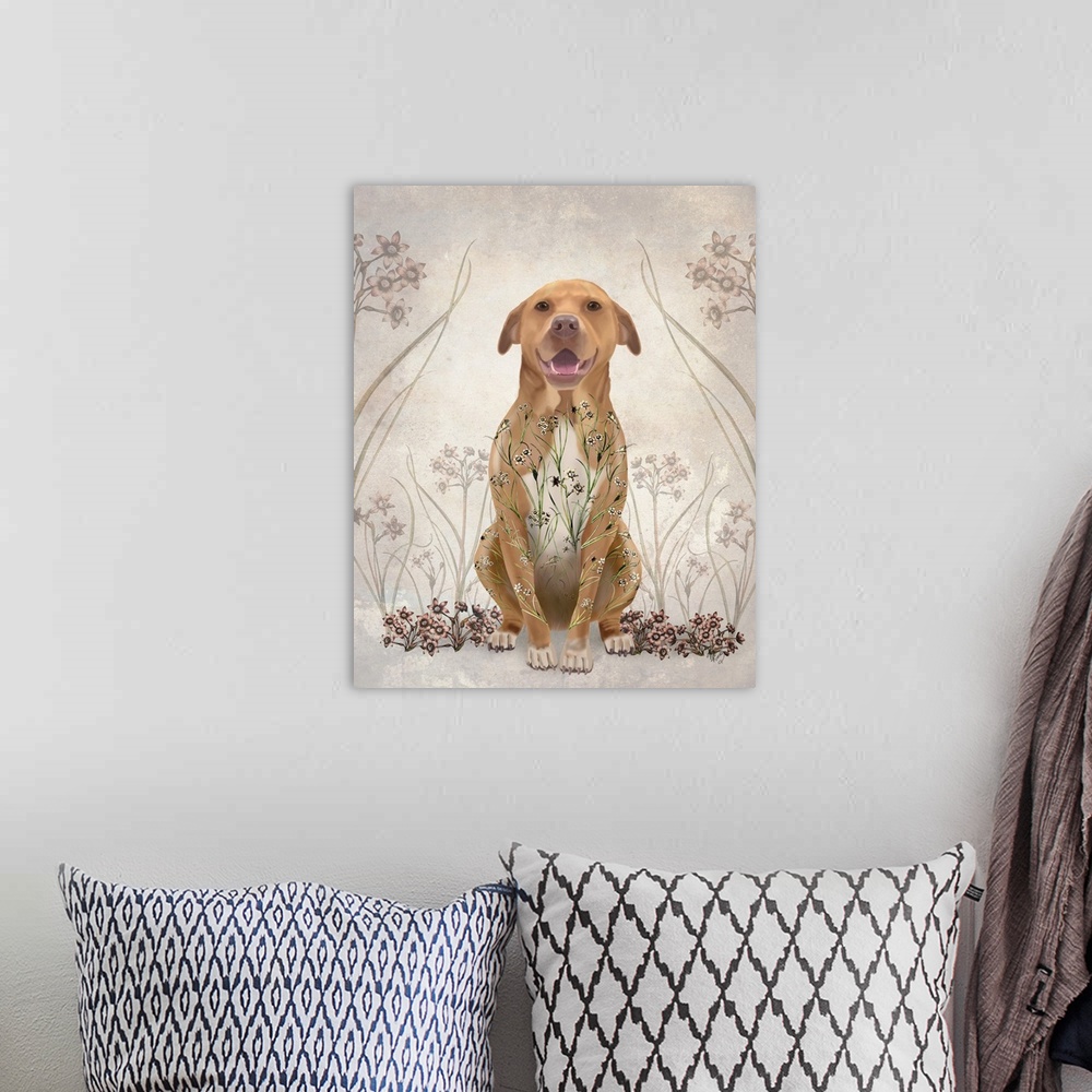 A bohemian room featuring A light brown pitbull surrounded by curling flowers.