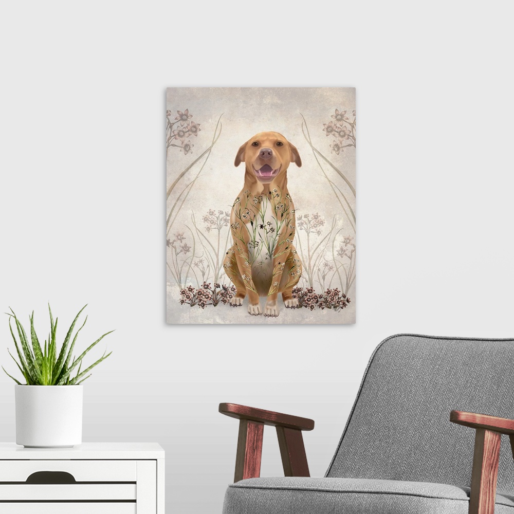 A modern room featuring A light brown pitbull surrounded by curling flowers.