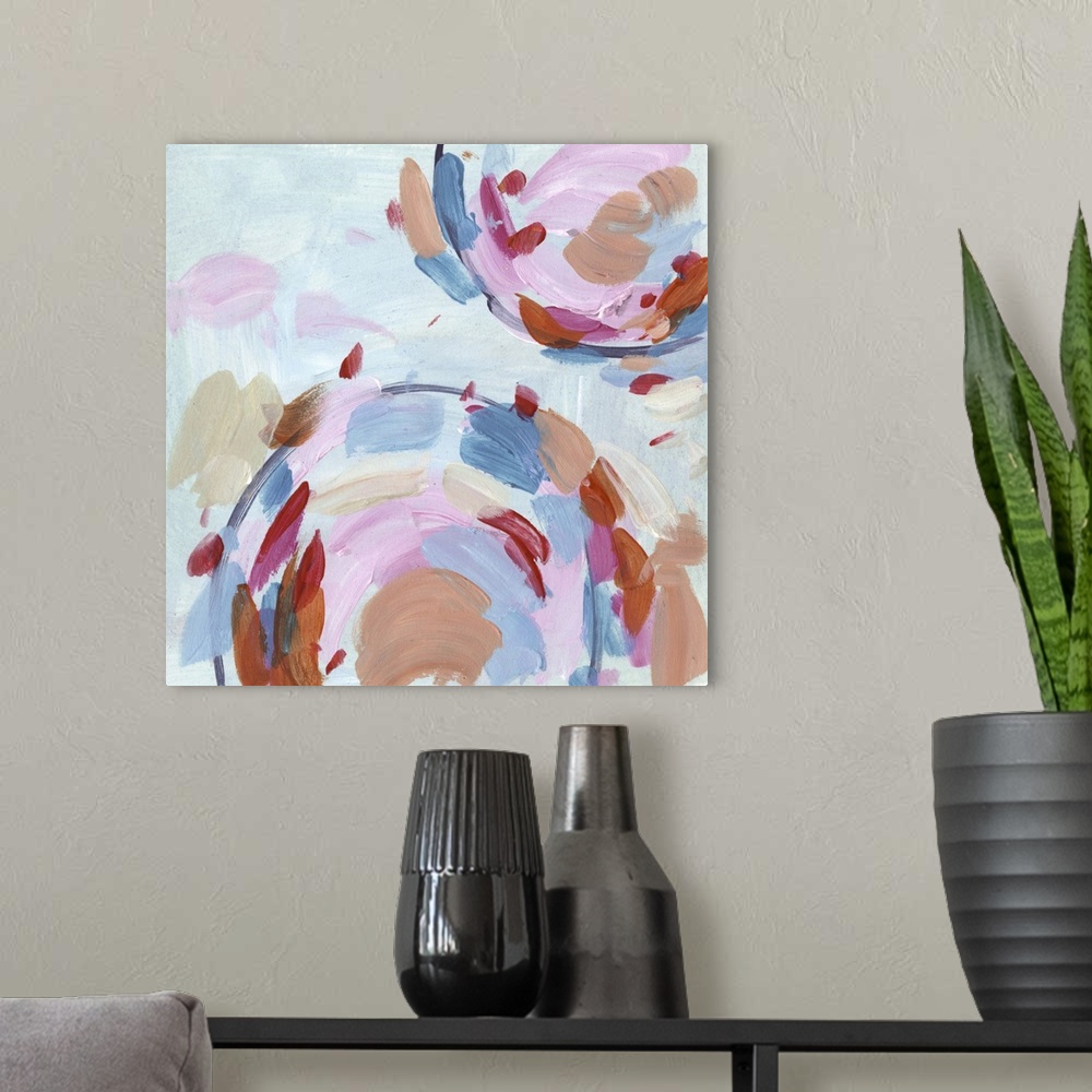 A modern room featuring Colorful contemporary abstract painting with multi-colored short brushstrokes.