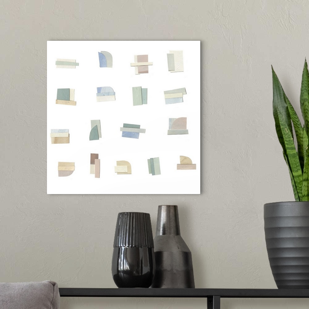 A modern room featuring Contemporary abstract collage constructed of various pastel colored shapes.