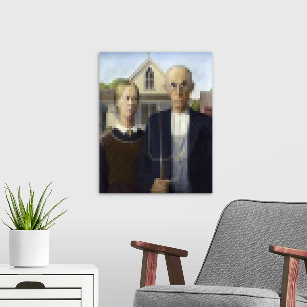 A modern room featuring Pixelated American Gothic