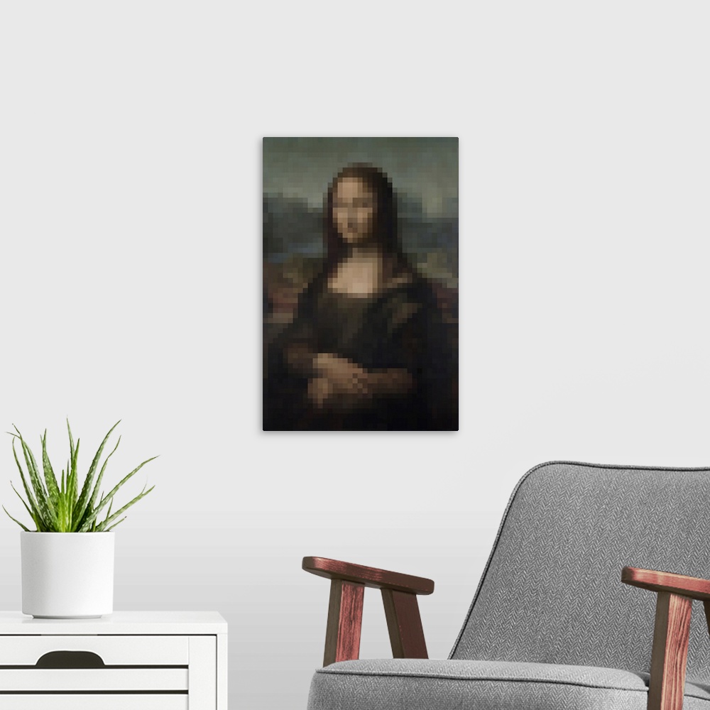 A modern room featuring Pixelated Mona Lisa