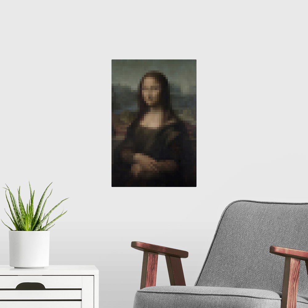 A modern room featuring Pixelated Mona Lisa