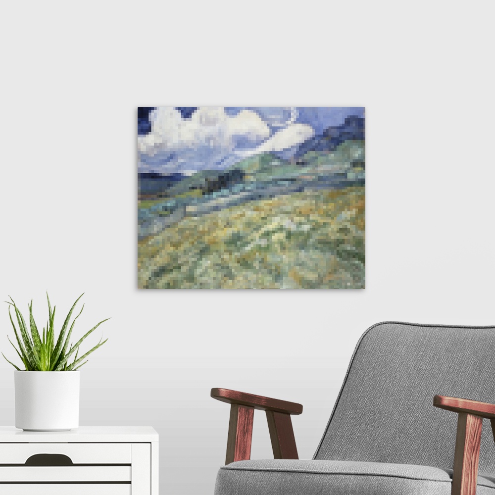 A modern room featuring Pixelated Van Gogh Landscape