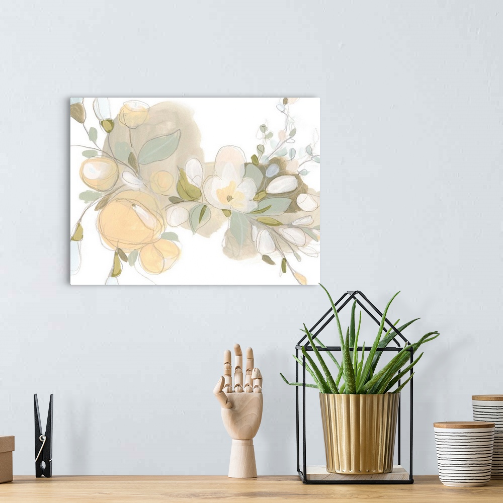A bohemian room featuring Delicate gestural flowers in soft hues of yellow, beige and green pervade across a white backgrou...
