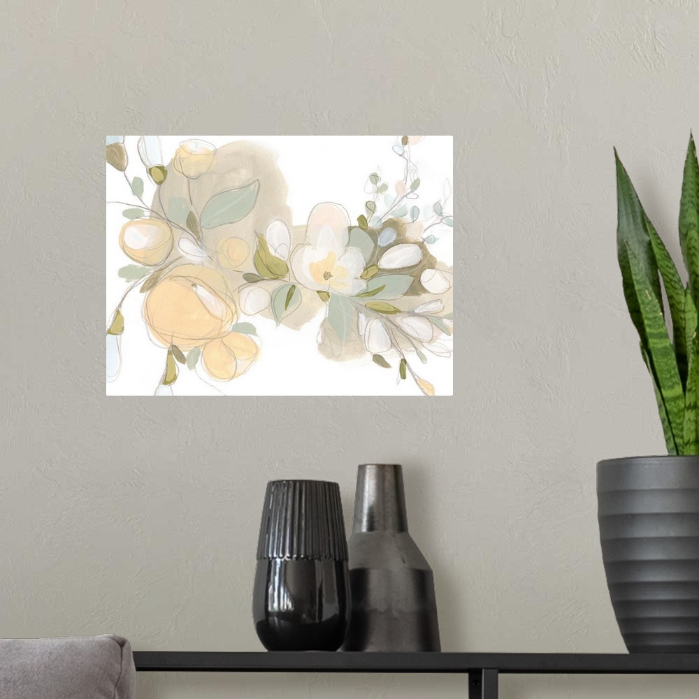 A modern room featuring Delicate gestural flowers in soft hues of yellow, beige and green pervade across a white backgrou...