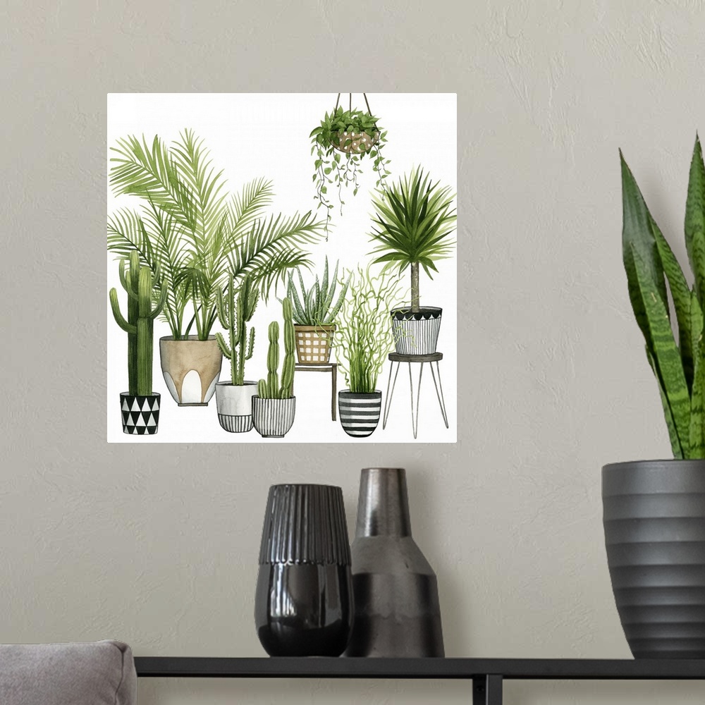 A modern room featuring Illustration of a large collection of tropical plants and succulents, including palms and cacti.
