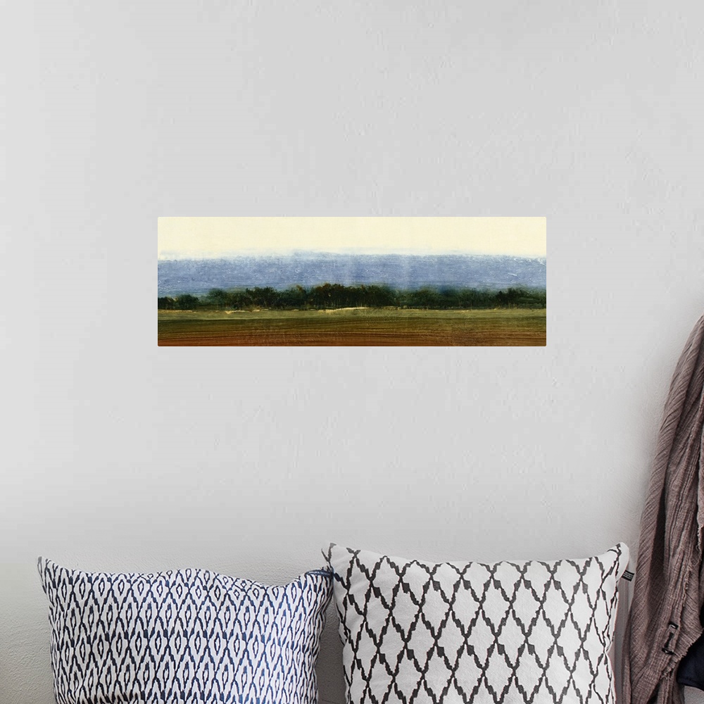 A bohemian room featuring Contemporary painting of an open field of farmland ready for planting.