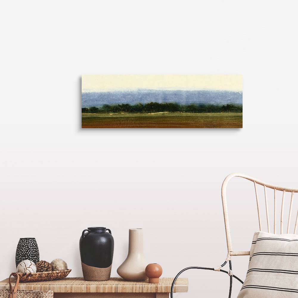 A farmhouse room featuring Contemporary painting of an open field of farmland ready for planting.