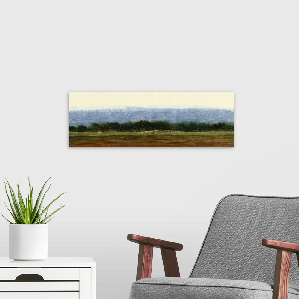 A modern room featuring Contemporary painting of an open field of farmland ready for planting.