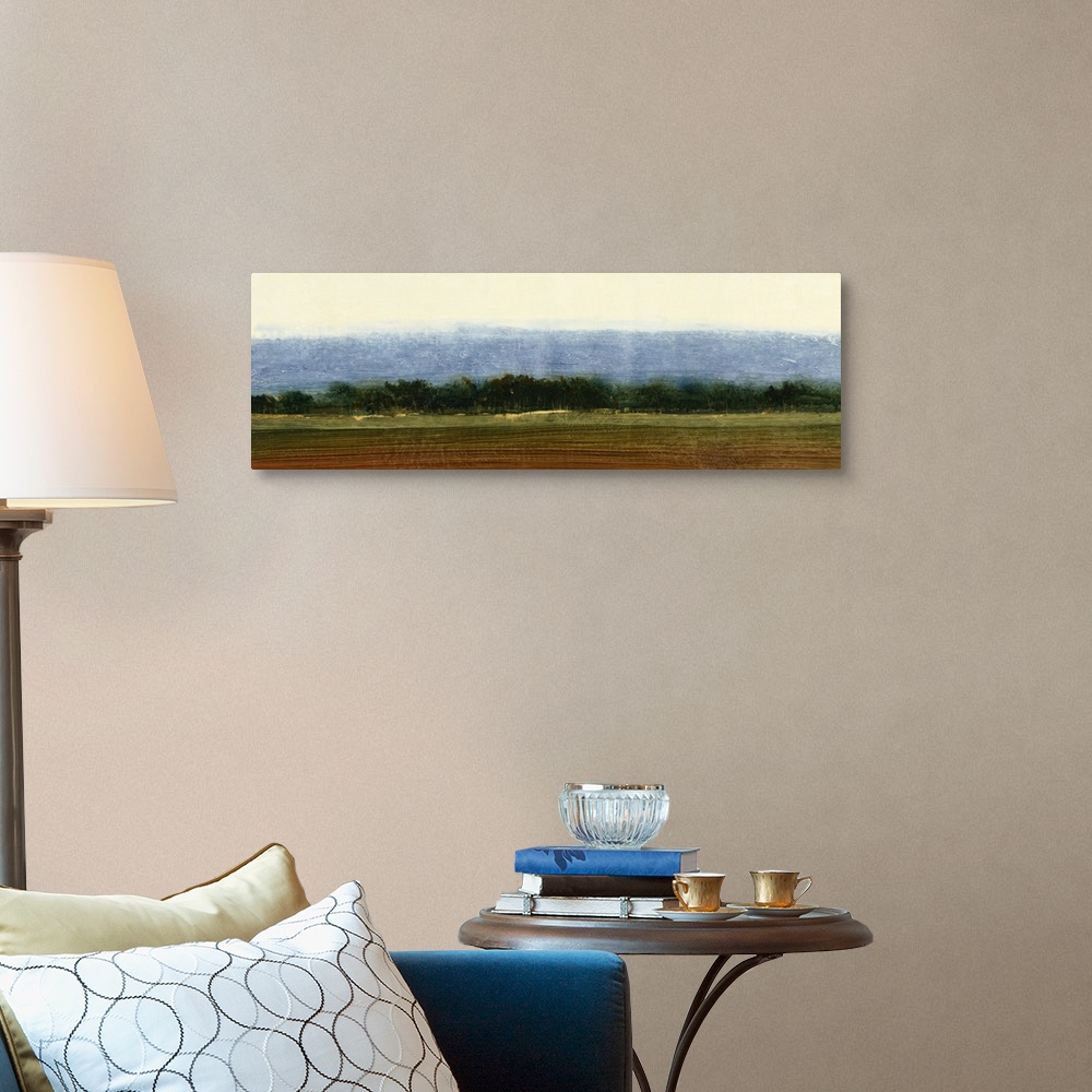A traditional room featuring Contemporary painting of an open field of farmland ready for planting.