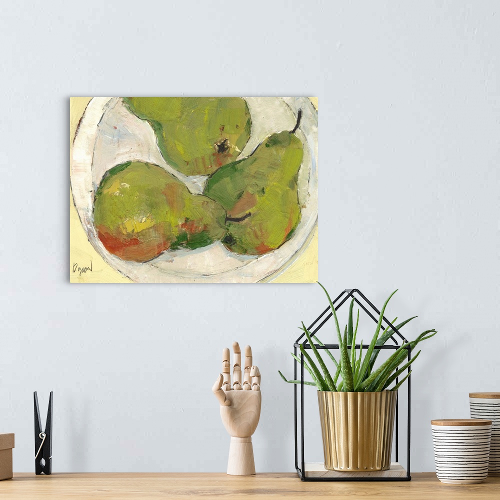 A bohemian room featuring Painting of a plate of pears, seen from above.