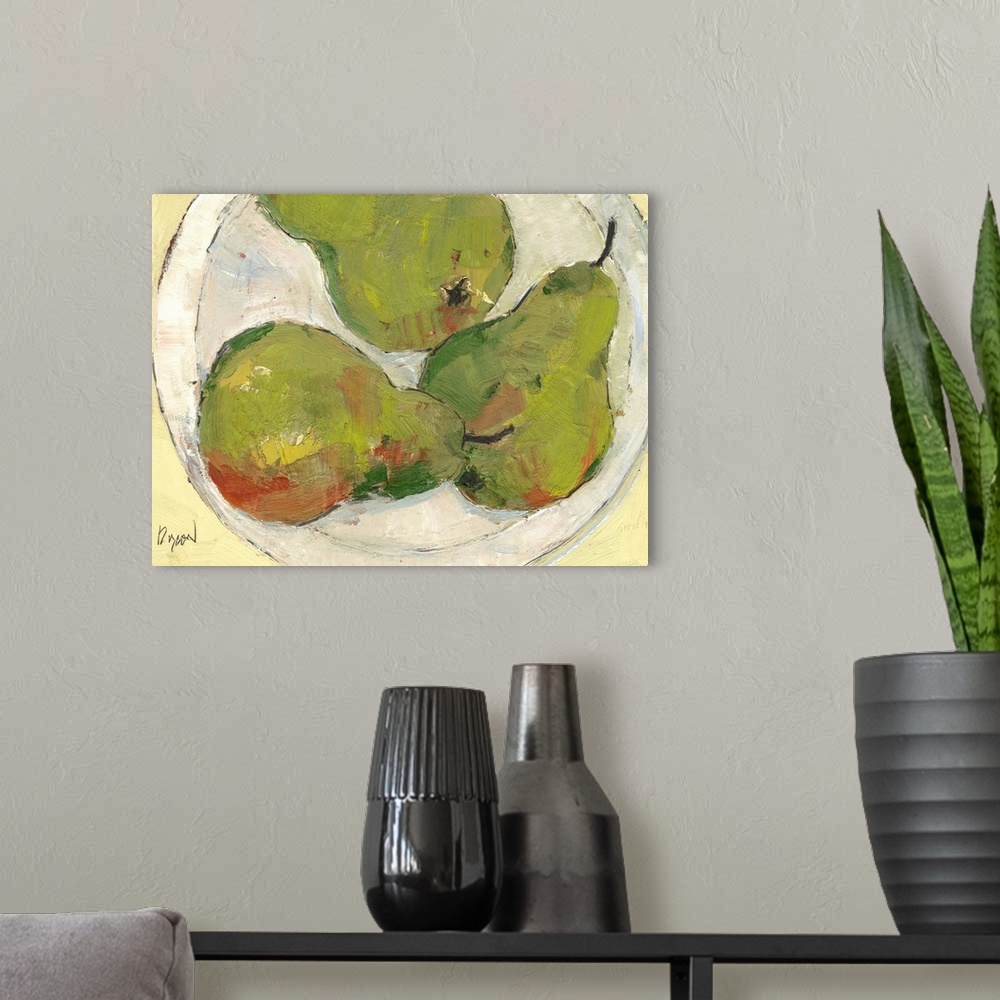 A modern room featuring Painting of a plate of pears, seen from above.