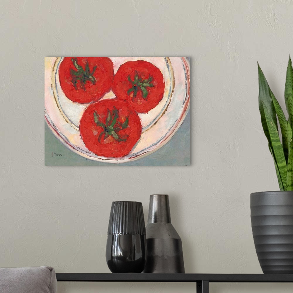 A modern room featuring Painting of a plate of tomatoes, seen from above.