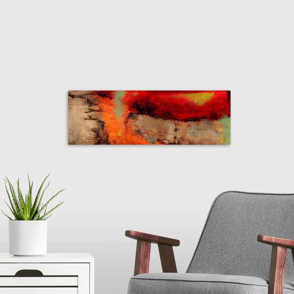 A modern room featuring Contemporary abstract painting using warm tones.