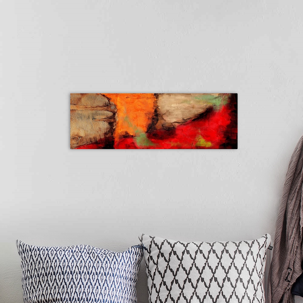 A bohemian room featuring Contemporary abstract painting using warm tones.