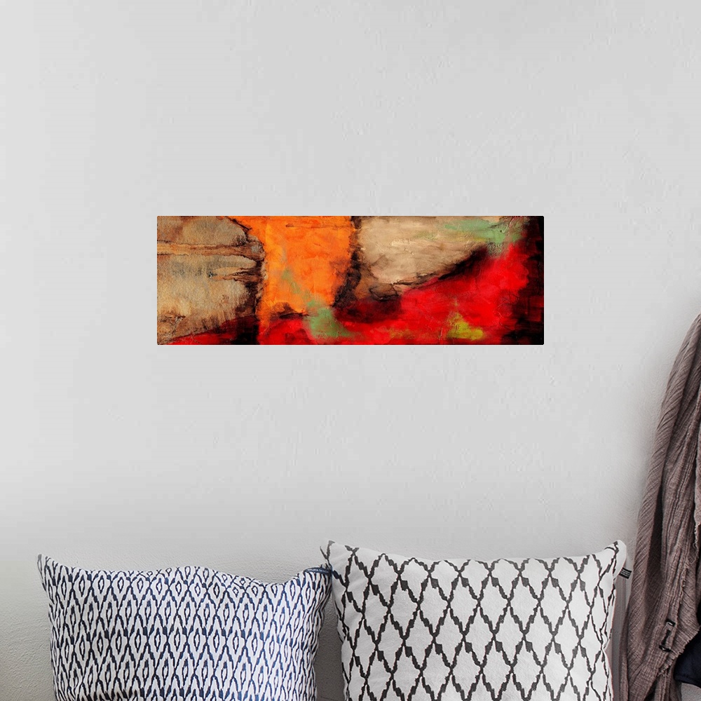 A bohemian room featuring Contemporary abstract painting using warm tones.