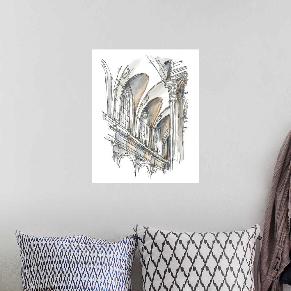 A bohemian room featuring Contemporary architectural study done in watercolor.