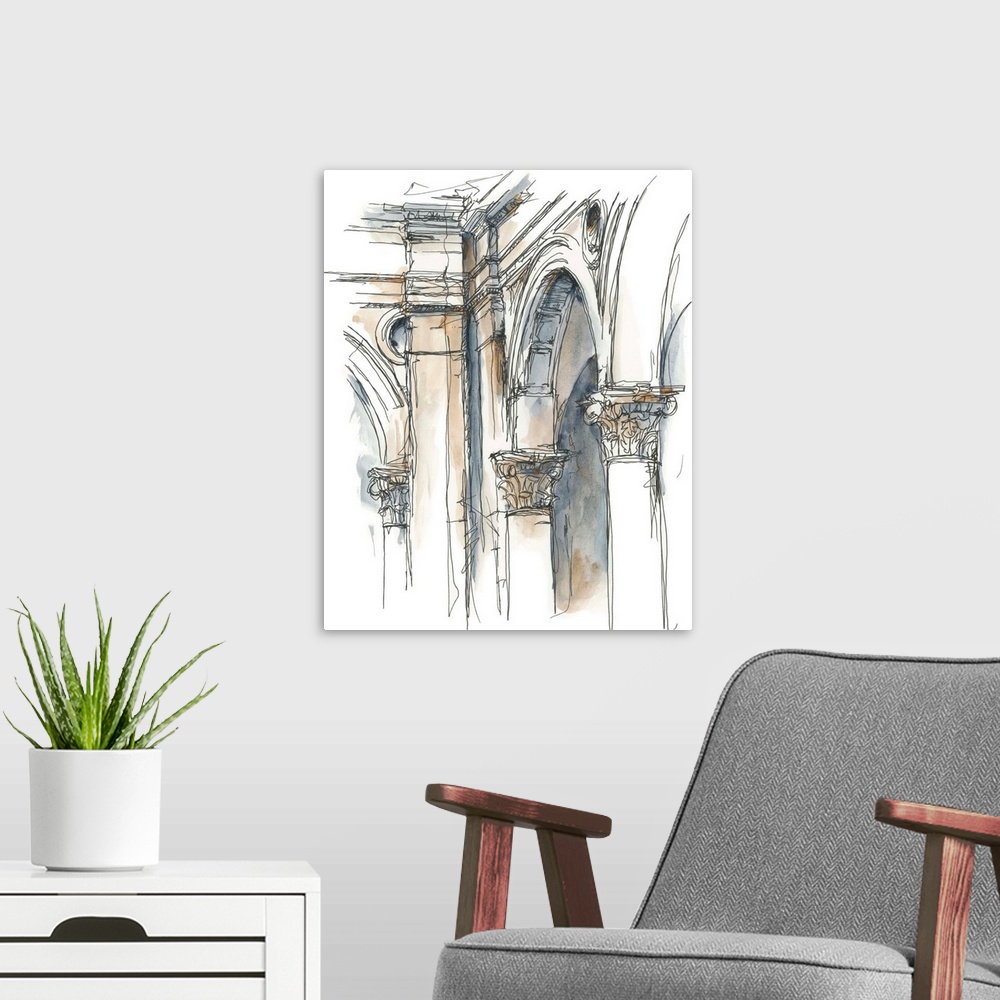 A modern room featuring Contemporary architectural study done in watercolor.