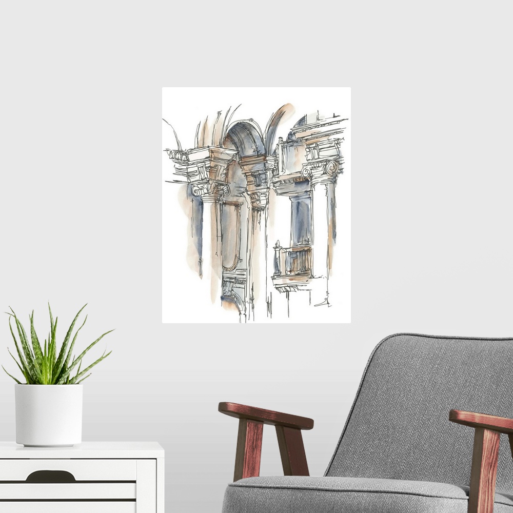 A modern room featuring Contemporary architectural study done in watercolor.