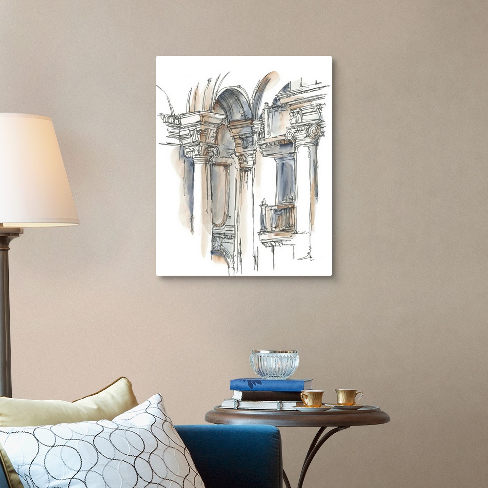 A traditional room featuring Contemporary architectural study done in watercolor.