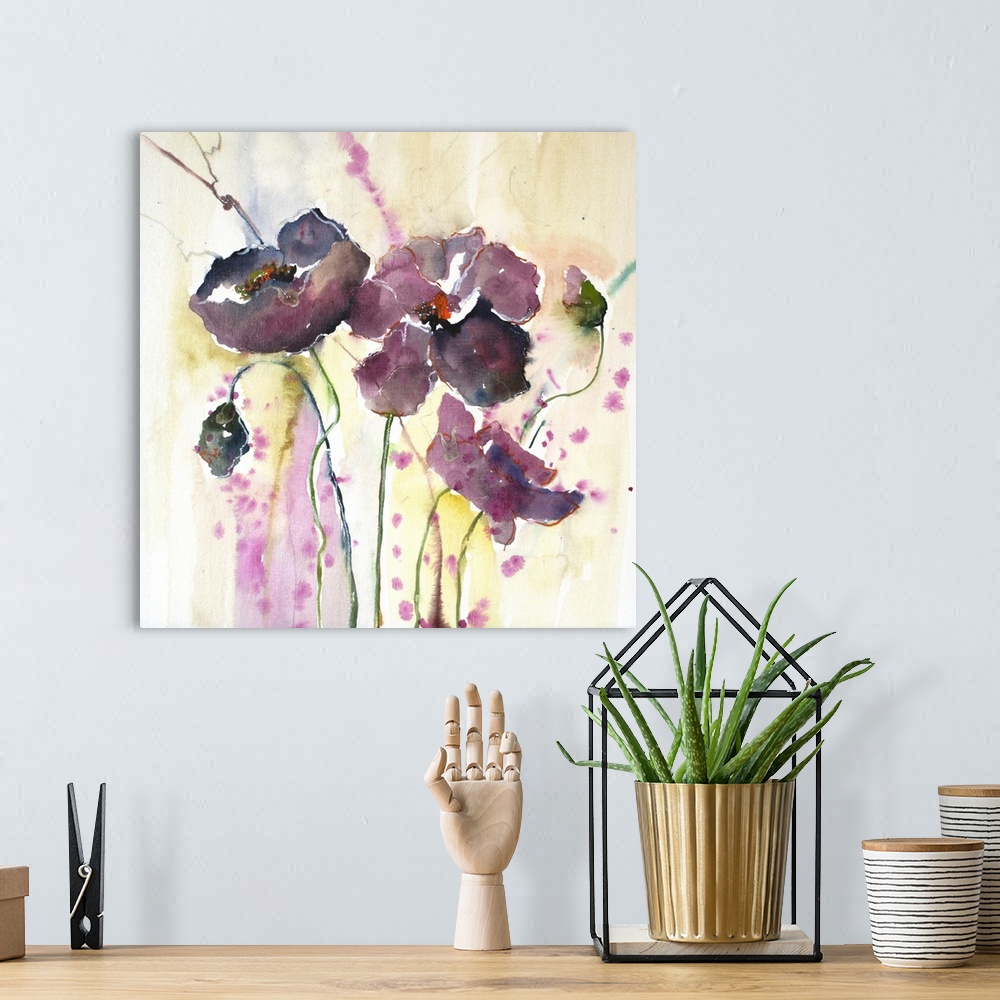 A bohemian room featuring Watercolor art print of purple poppy flowers in pastel shades.