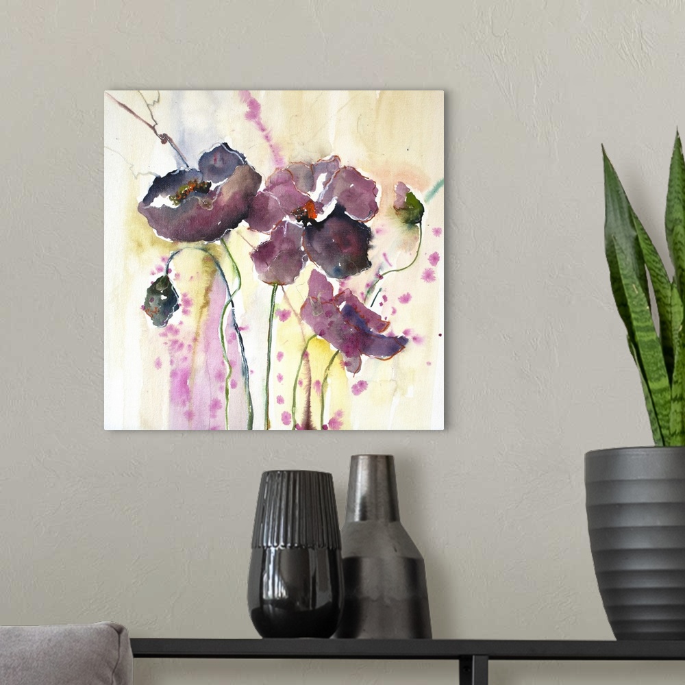 A modern room featuring Watercolor art print of purple poppy flowers in pastel shades.