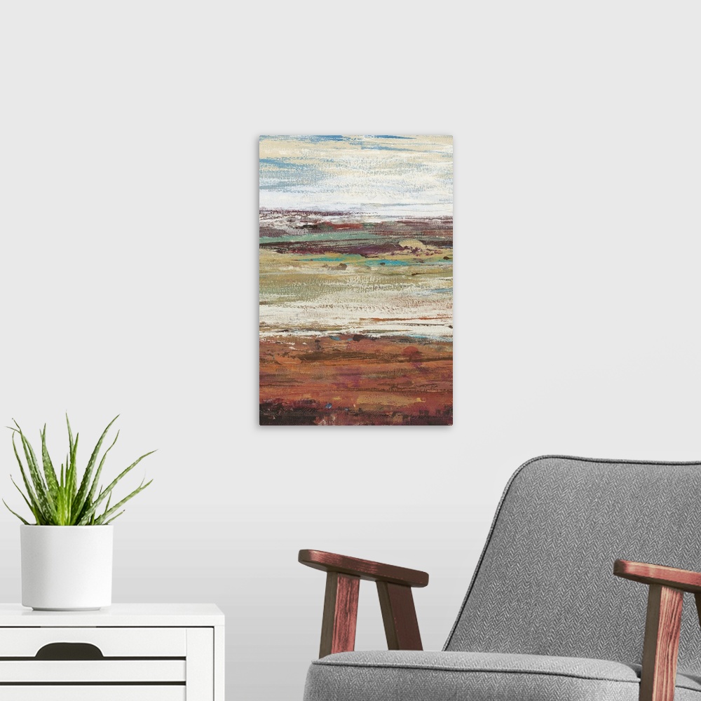 A modern room featuring Abstract artwork of horizontal bands of rust and beige, resembling a landscape.