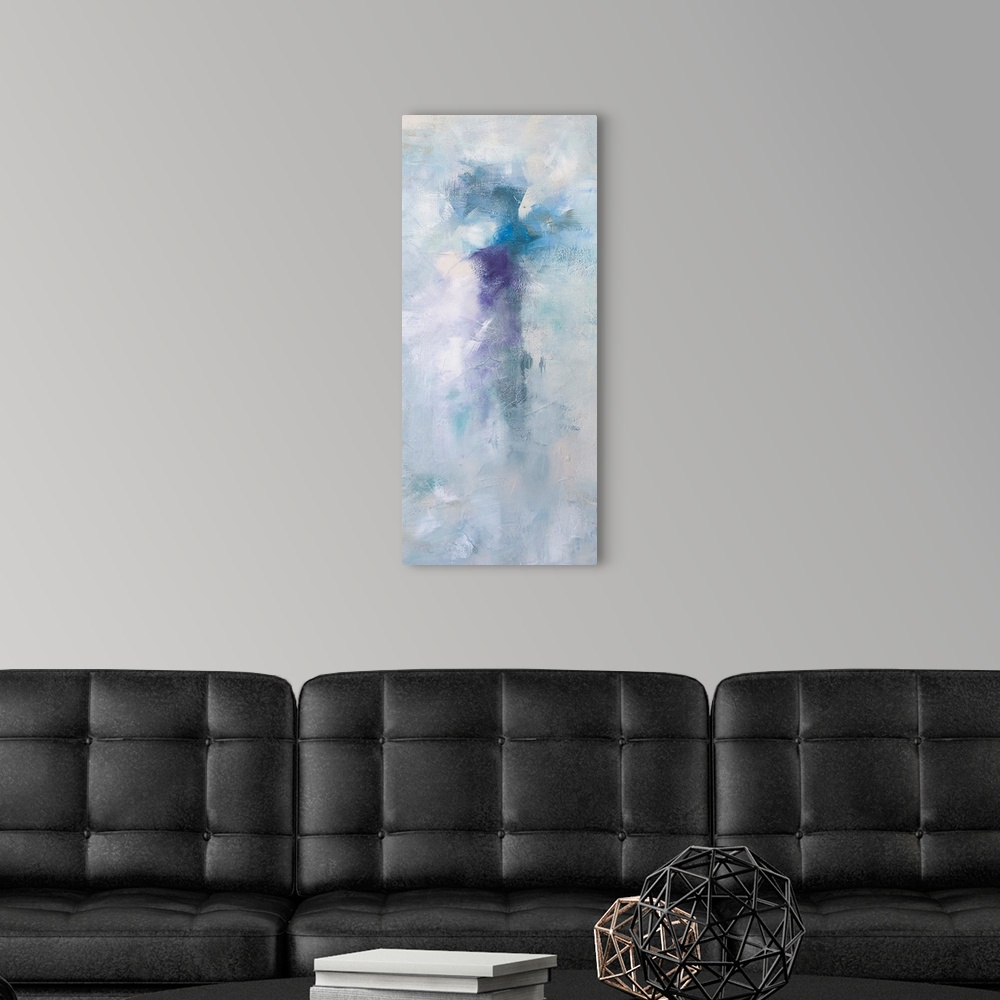 A modern room featuring Contemporary abstract painting using washed out cloud like textures surrounding vibrant splashes ...