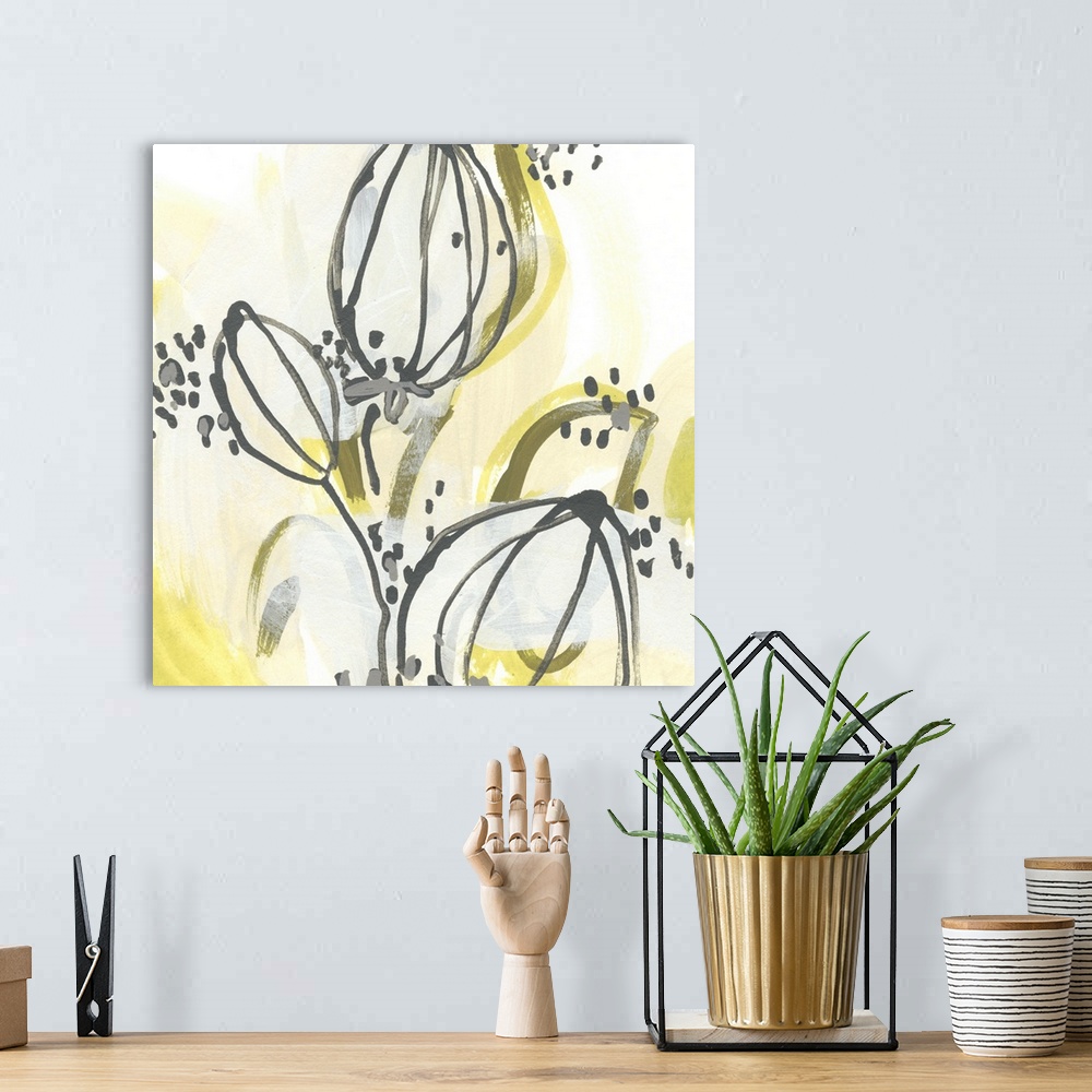 A bohemian room featuring Square abstract yellow artwork featuring gestural lines and dots to create plant pods.