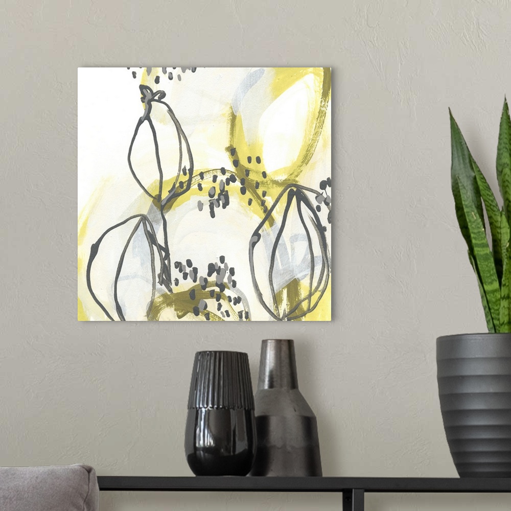 A modern room featuring Square abstract yellow artwork featuring gestural lines and dots to create plant pods.