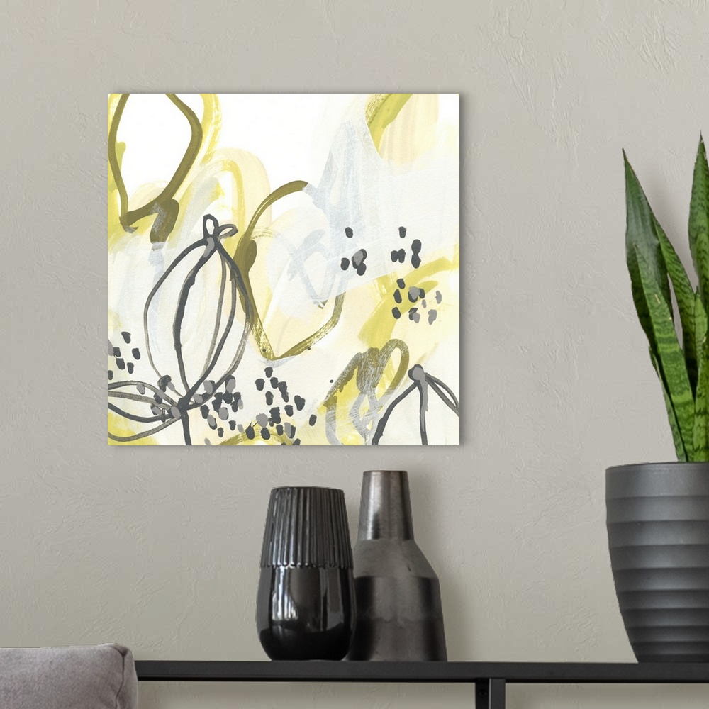A modern room featuring Square abstract yellow artwork featuring gestural lines and dots to create plant pods.