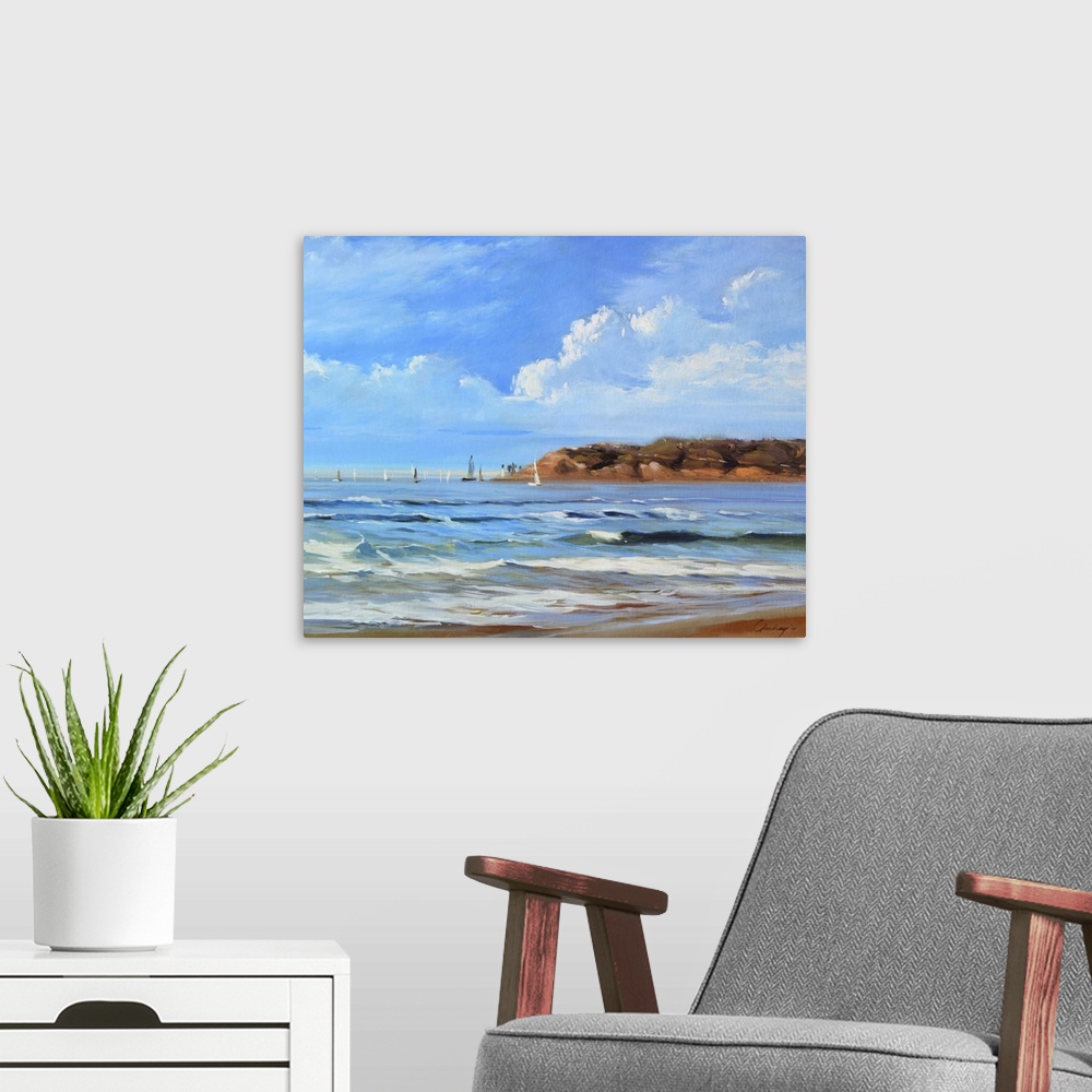 A modern room featuring Contemporary painting of a coastal landscape.