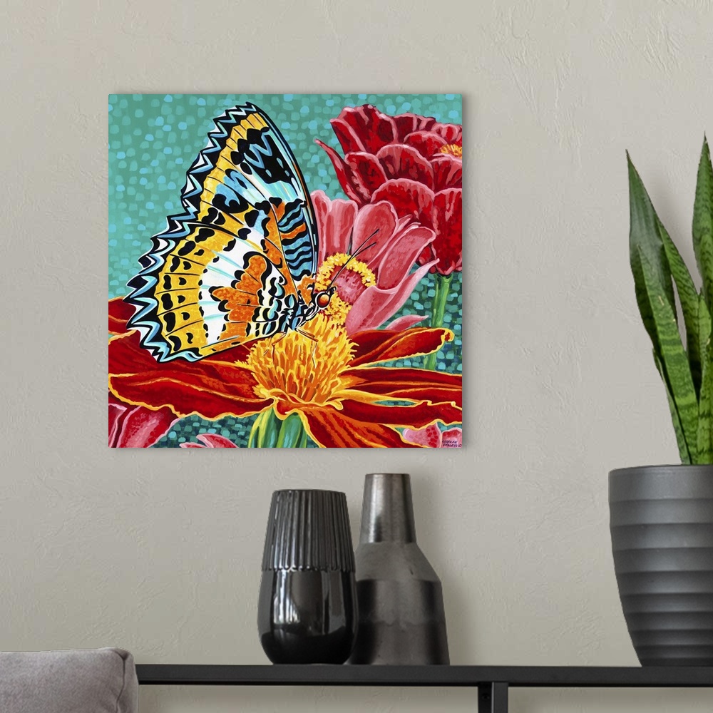 A modern room featuring Poised Butterfly I