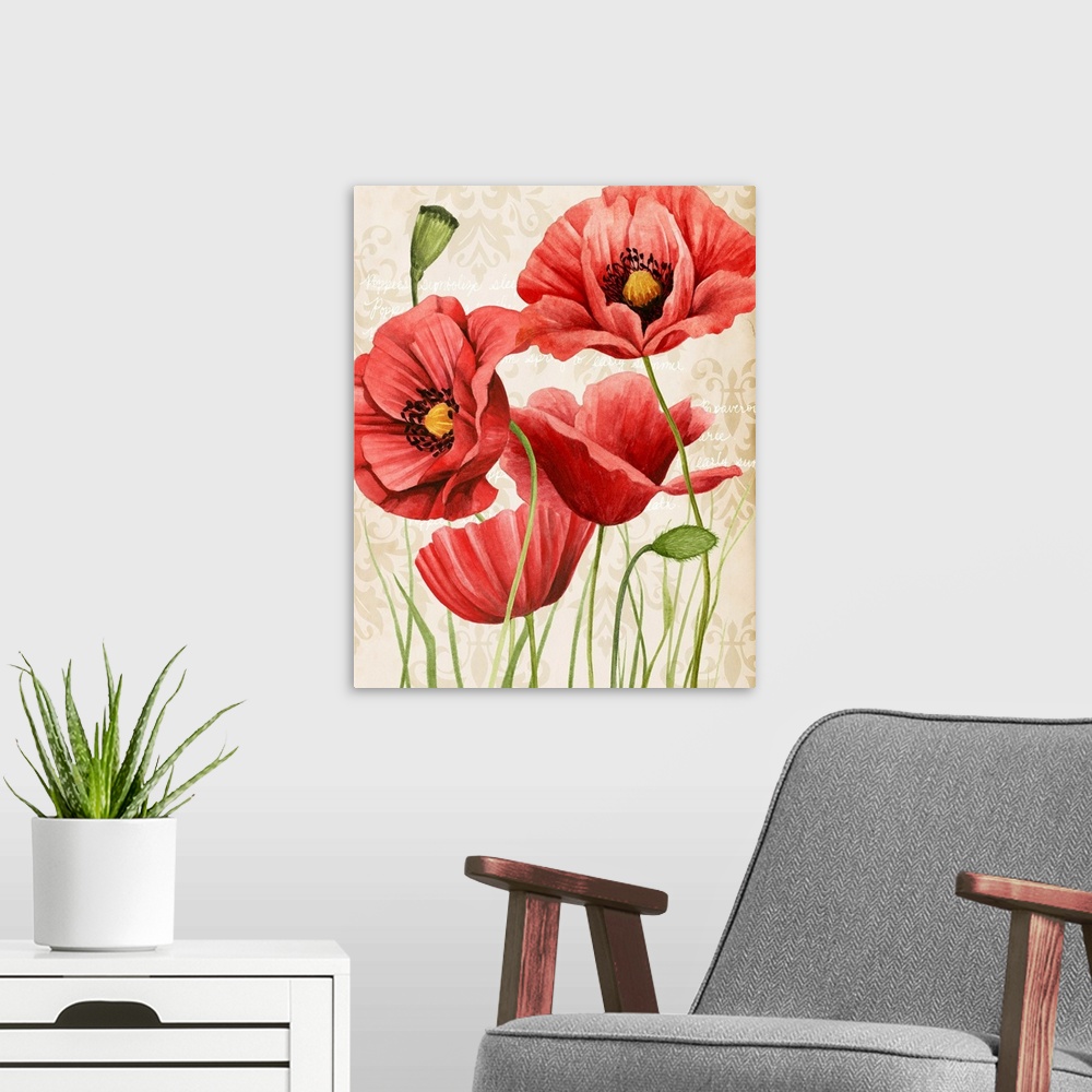 A modern room featuring Contemporary illustration of vibrant red poppies in bloom on a beige damask background.