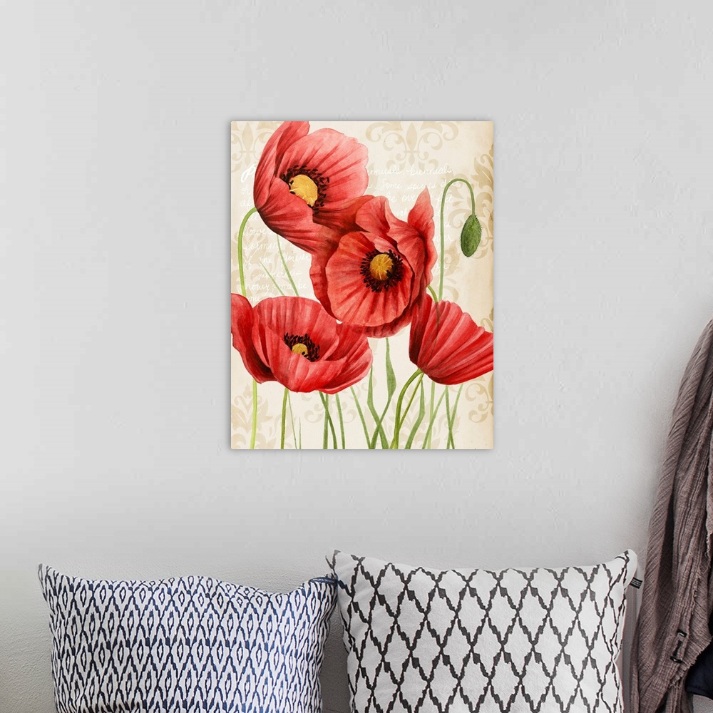 A bohemian room featuring Contemporary illustration of vibrant red poppies in bloom on a beige damask background.