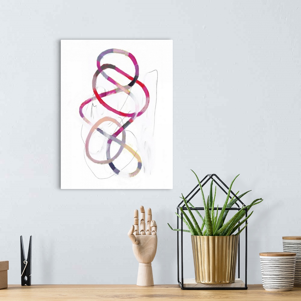 A bohemian room featuring This contemporary artwork features intertwining noodles of striped color with sketched lines thro...