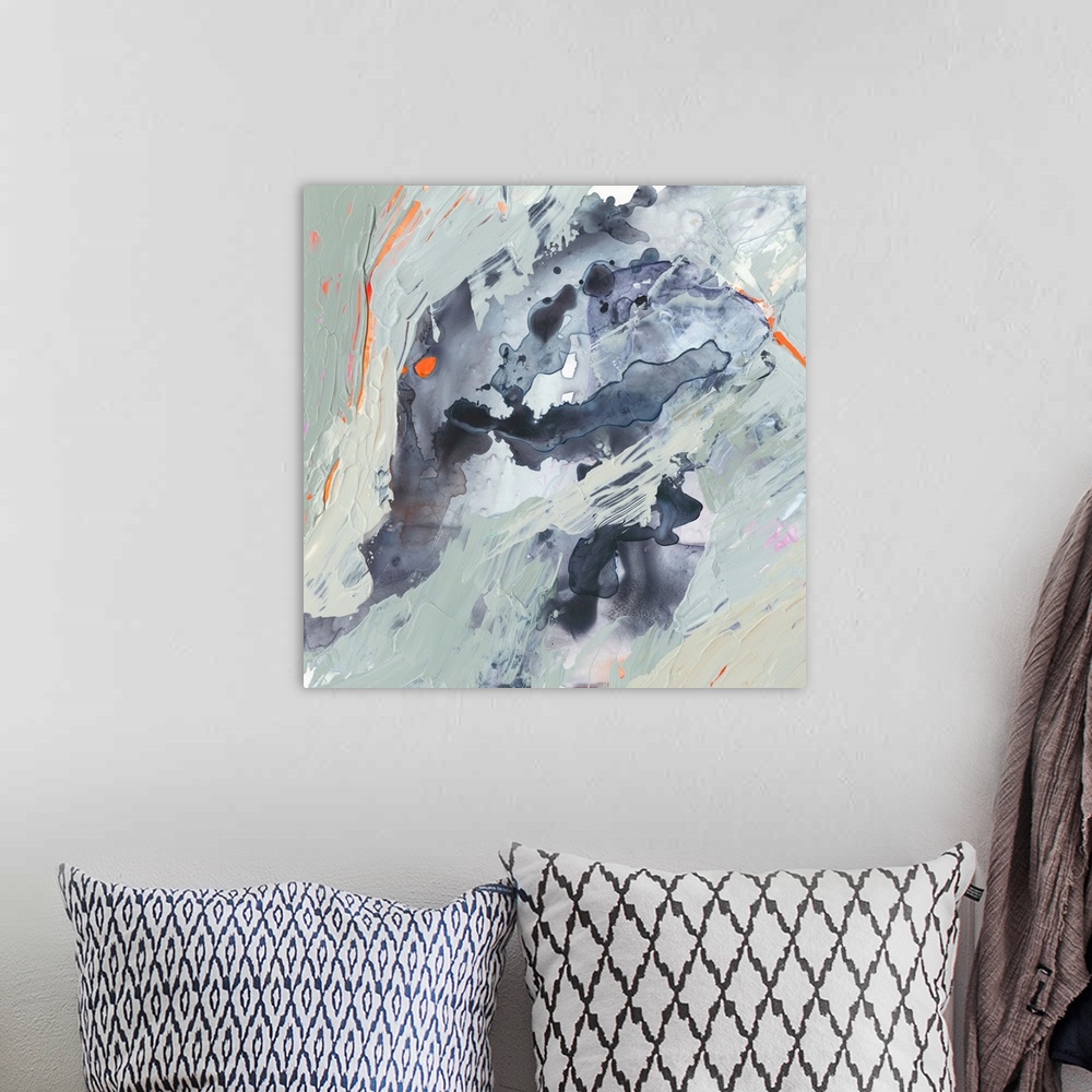 A bohemian room featuring This contemporary abstract features thick and thin paint in shades of blue and pops of orange to ...