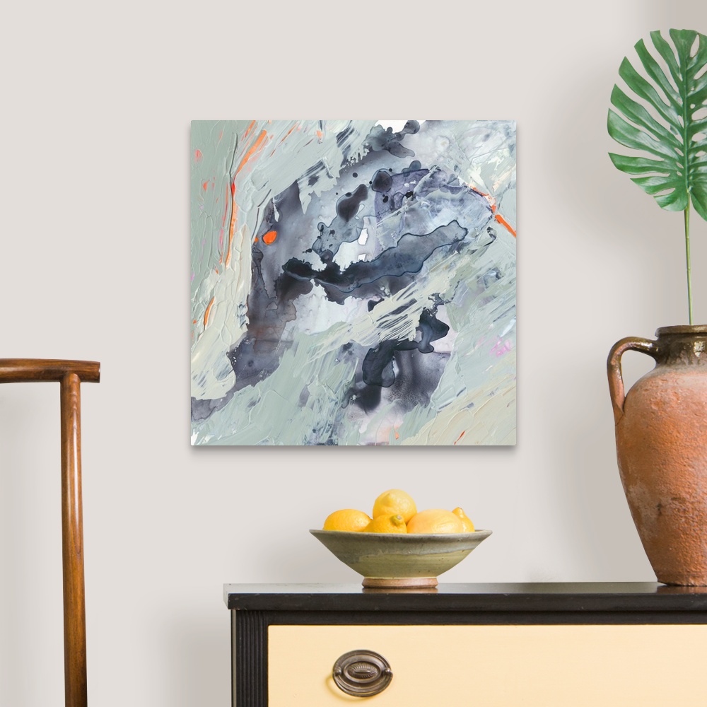 A traditional room featuring This contemporary abstract features thick and thin paint in shades of blue and pops of orange to ...