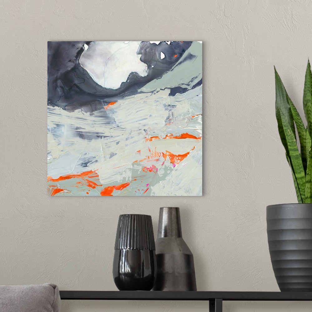 A modern room featuring This contemporary abstract features thick and thin paint in shades of blue and pops of orange to ...