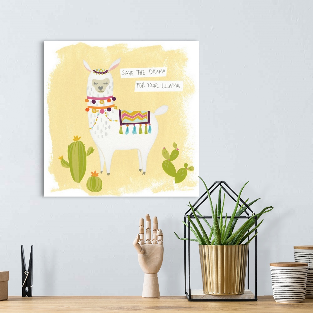 A bohemian room featuring Whimsical painting of a llama with cacti and the phrase "Save The Drama For Your Llama" written a...