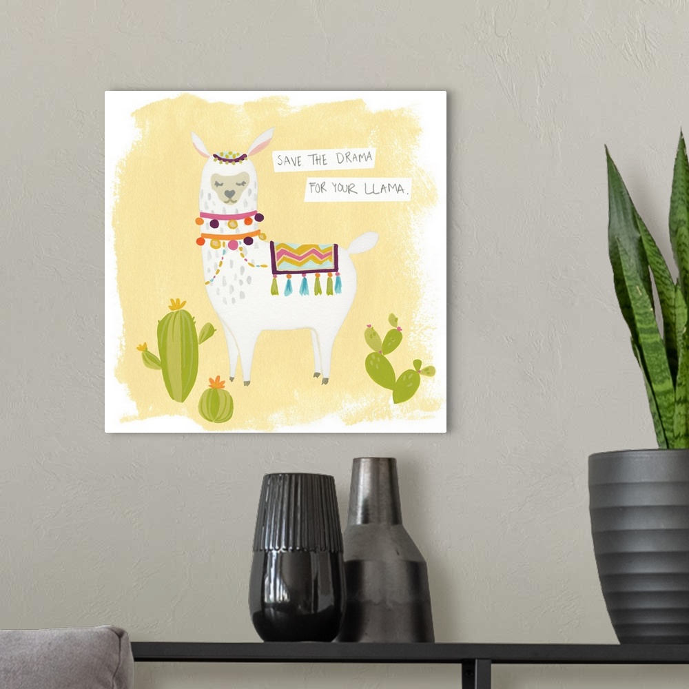 A modern room featuring Whimsical painting of a llama with cacti and the phrase "Save The Drama For Your Llama" written a...