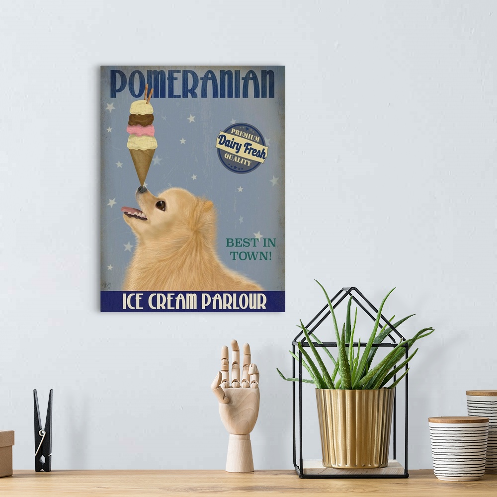 A bohemian room featuring Decorative artwork of a Pomeranian balancing an ice cream cone on its nose in an advertisement fo...