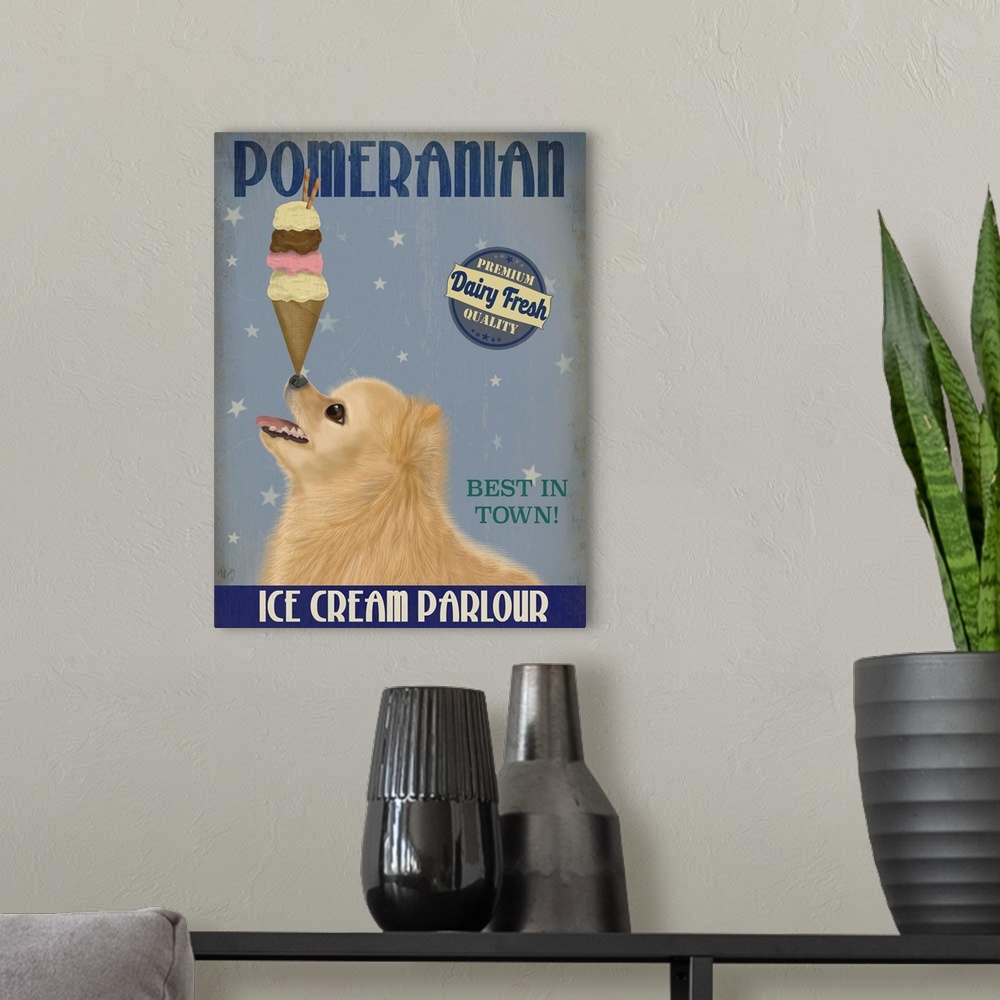 A modern room featuring Decorative artwork of a Pomeranian balancing an ice cream cone on its nose in an advertisement fo...