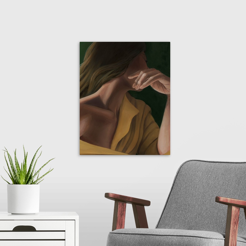 A modern room featuring A sophisticated portrait painting of a woman looking away from the artist - she wears an off the ...