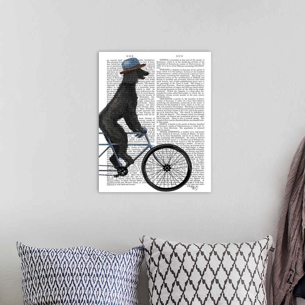A bohemian room featuring Decorative artwork of a black Poodle wearing a hat and riding on a bicycle, painted on the page o...