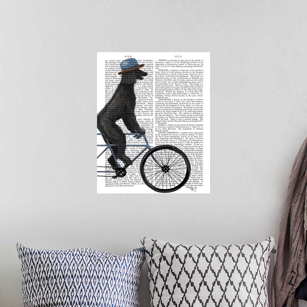 A bohemian room featuring Decorative artwork of a black Poodle wearing a hat and riding on a bicycle, painted on the page o...