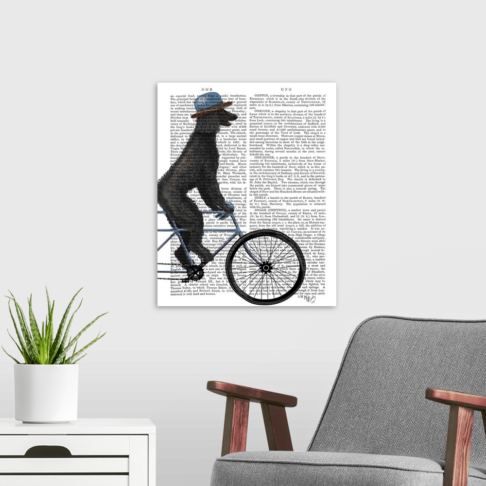 A modern room featuring Decorative artwork of a black Poodle wearing a hat and riding on a bicycle, painted on the page o...