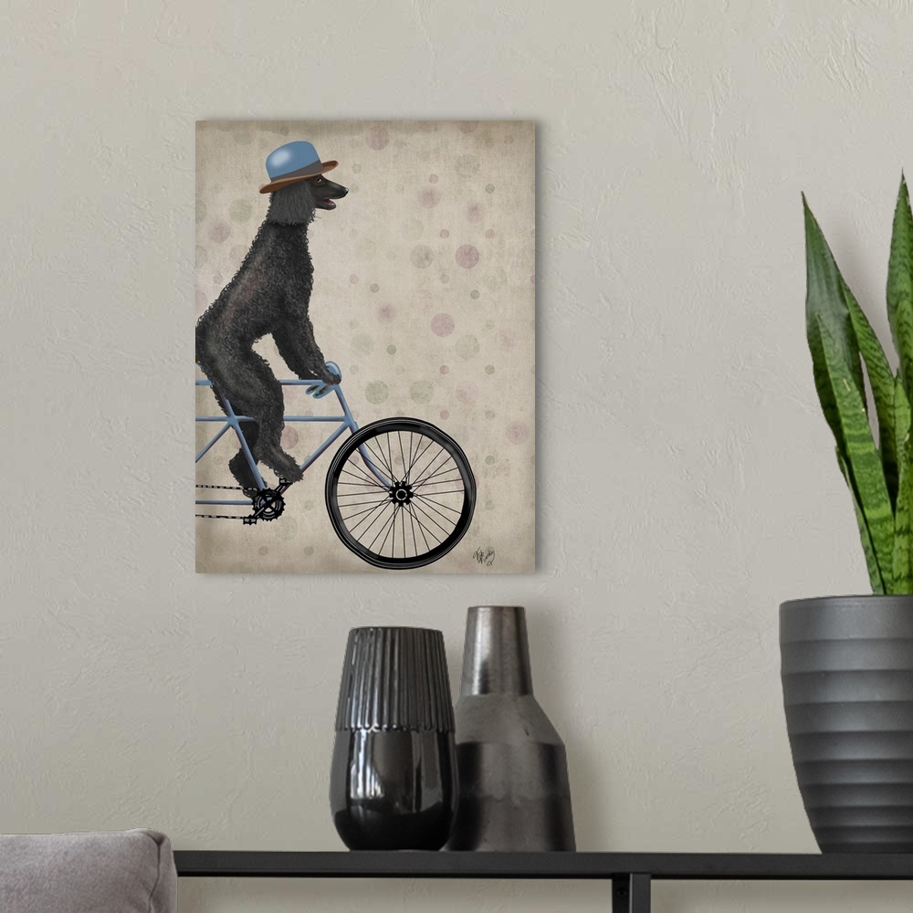 A modern room featuring Decorative artwork of black Poodle riding on a blue bicycle and wearing a matching blue hat.