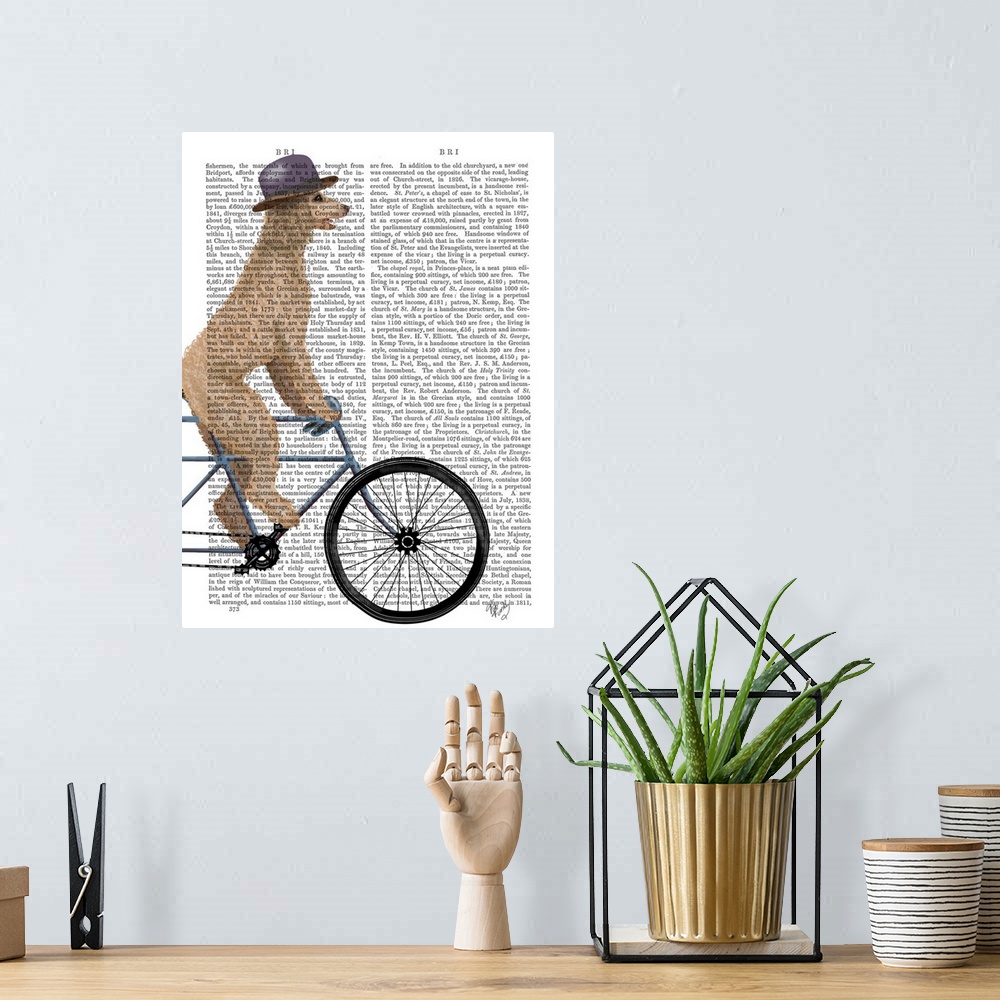 A bohemian room featuring Decorative artwork of a golden Poodle wearing a hat and riding on a bicycle, painted on the page ...